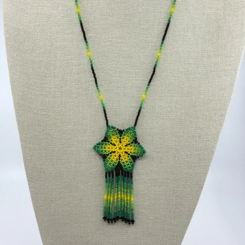 Necklace Green Yellow Seed Bead Floral Fringe Vintage Boho Artisan Statement Bib